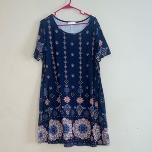 Sherosa Navy Blue Floral Midi Dress - Tshirt style with pockets